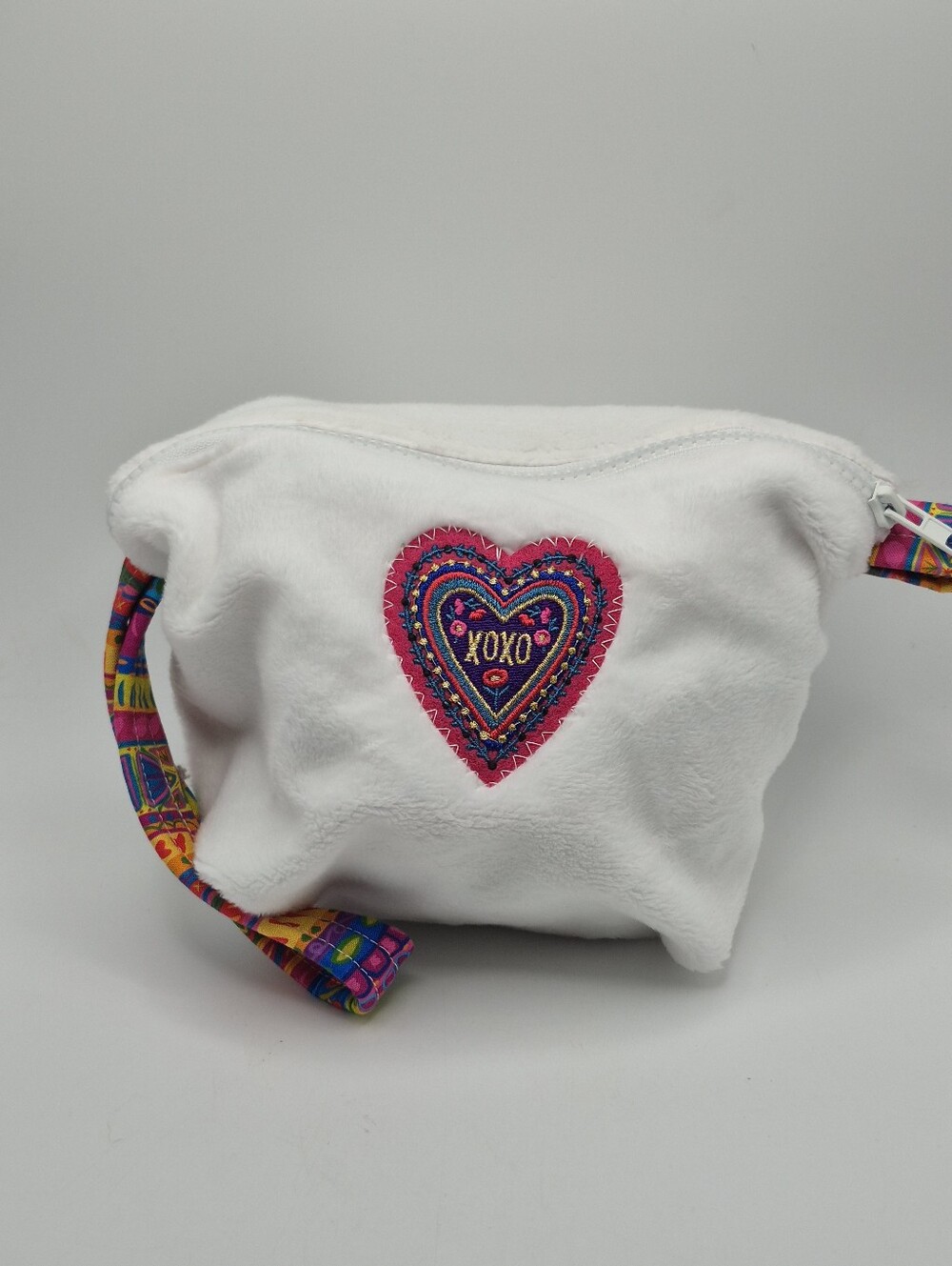 XOXO White Fuzzy Soft Snuggly Cosmetic Bag with Pink Heart & Fun Handle
